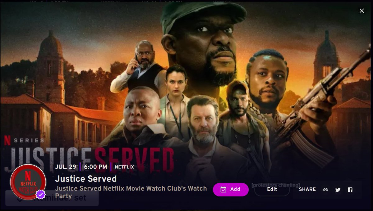 ✊Justice Served is Almost HERE! Join us for the 🍿Watch Party 🍿 on @NetflixSA through @scener virtual theatre JUL. 29|6:00 PM|📅 An enigmatic freedom fighter and his followers hijack a courthouse #JusticeServed