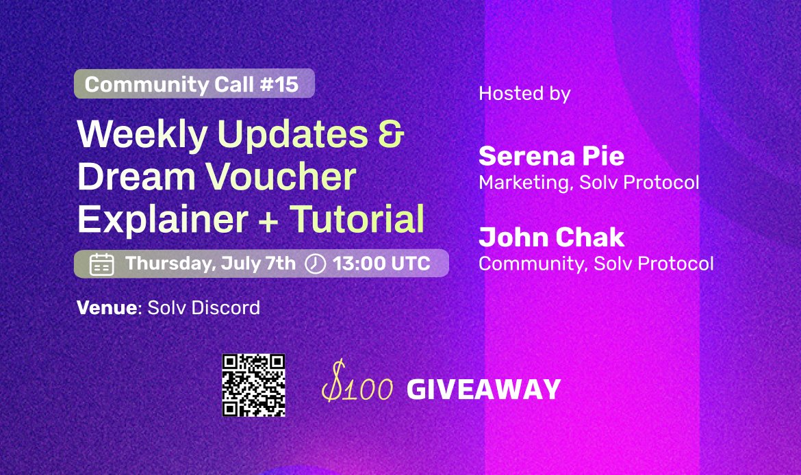 1/x Last week, the Dream Voucher was officially launched. Today would be a perfect day to hop on a quick tour with <a href="/lasereyedyogi/">Serena Pie (solv is hiring)🍰</a> &amp; @cjohnchak to learn about this product!

💰$100 $SOLV 
📅Thursday, July 7 at 13:00 UTC
🏟 Solv Discord (discord.com/invite/solvpro…)