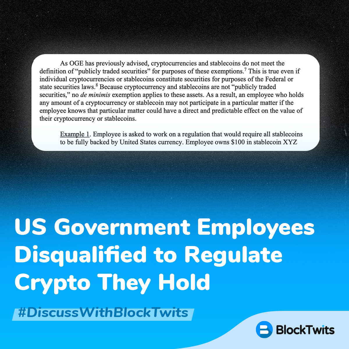 CoinliveHQ's tweet photo. The US Office of Government Ethics is responsible for policies regarding the executive branch, and wouldn't have the power to impose such a restriction on members of the Congress... 🤔
#DiscussWithBlockTwits
#Crypto #Blockchain #Web3 #Bitcoin #BTC https://t.co/11piDwa27Y