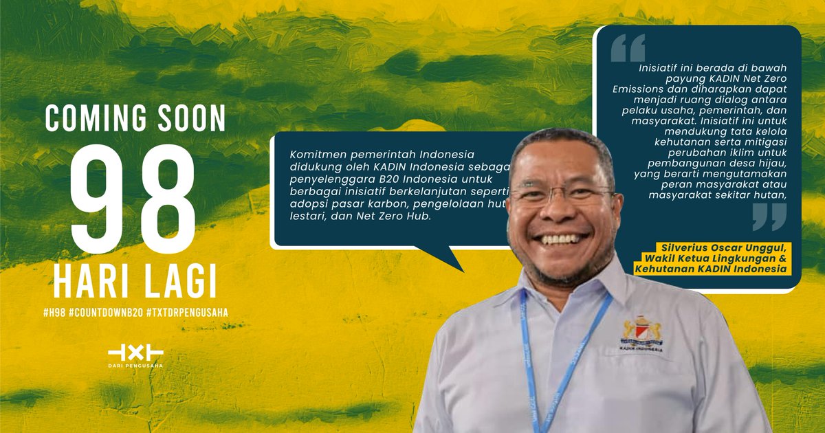 txtdrpengusaha's tweet photo. Komitmen pemerintah Indonesia didukung oleh KADIN Indonesia sebaga penyelenggara B20 Indonesia untuk berbagai inisiatif berkelanjutan seperti adopsi pasar karbon, pengelolaan hutan lestari, dan Net Zero Hub.
#b20 #h98 #countdownb20 #txtdrpengusaha https://t.co/R48H4etU8A
