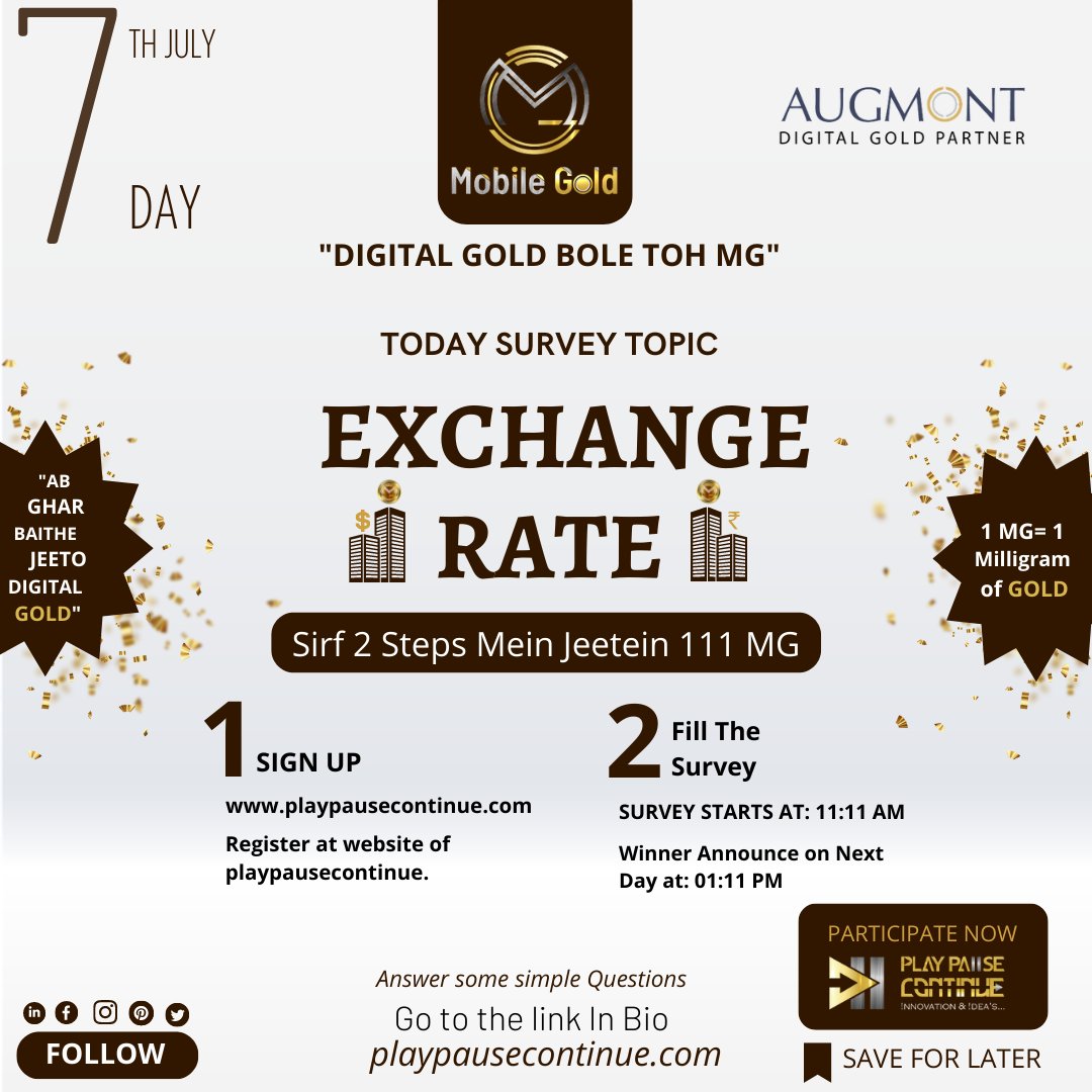 HITESHC21856879's tweet photo. Start winning Digital Gold worth of 111 MG.🎉
.
Sirf 2 steps mai jeete Digital Gold
1. Sign Up
2. Take part in survey and answer some simple questions on Exchange RATE.

Also don’t forget to follow @play_pause_continue and @mg_mobile_gold
“Ab Ghar baithe jeeto Digital Gold” https://t.co/Qje7tHha2j