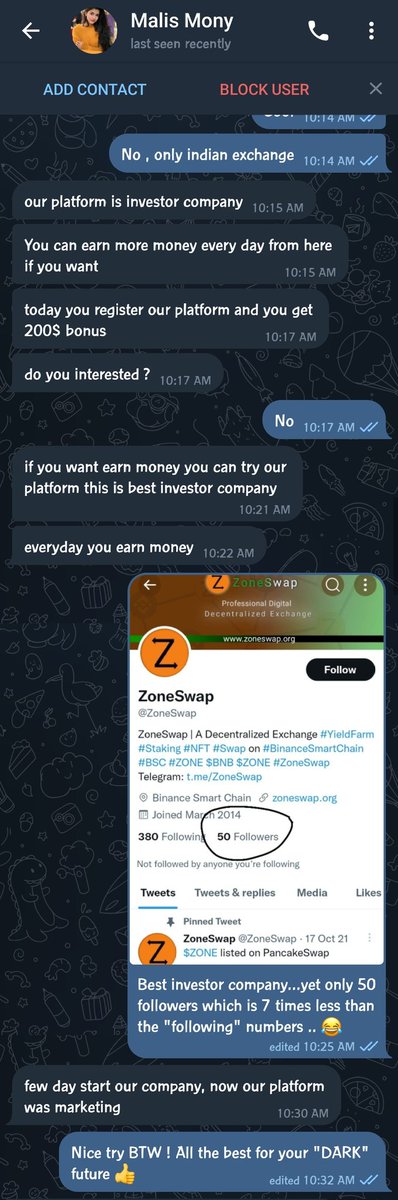 Scammer Spotted ⛔⛔!! 
This guy tried to convince me to invest in @ZoneSwap and said this is the best invest company (Surprisingly they have only 50 "Followers" which is way less than its number of "Following") 😂😂
#Scammer #cryptocurrencies #BeAlert #BeSafe