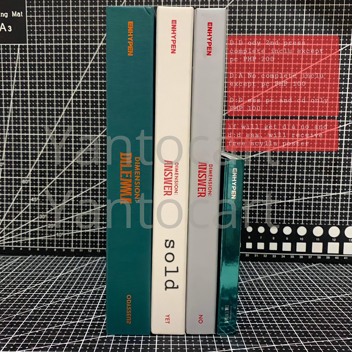 yantocart's tweet photo. Wts lfb | 7.7
Dimension answer no
- ₱120
- complete inclu except pc and bookmark
- free scylla mini poster

Dimension dilemma: Odysseus
- ₱200
- pb, cd, stickers
- free scylla poster

Dimension Essential 
- ₱100
- cd and pb only
- free scylla sticker https://t.co/stDFScZA4L