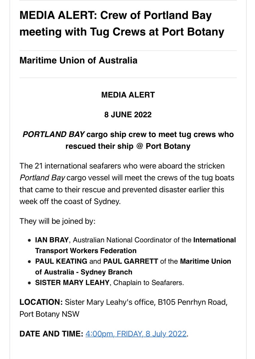 MEDIA ALERT: Crew of Portland Bay meeting with Tug Crews at Port Botany #PortlandBayRescue #SydneyStorm #WeAreITF #ShipSalvage