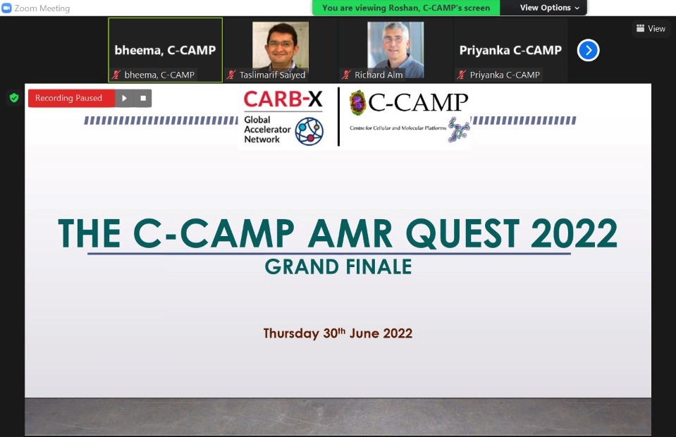 #AMRQuest 2022, CCAMP's flagship event to search for solutions to fight #AMR, wraps up!

Grand jury Dr Richard Alm, CSO <a href="/CARB_X/">CARB-X</a> &amp; Dr <a href="/Taslimarif/">Dr. Taslimarif Saiyed</a> CCAMP CEO, Dir declared 4 winners for this pan-India hunt to identify &amp; nurture novel #AMR innovations focussing on #ESKAPE pathogens