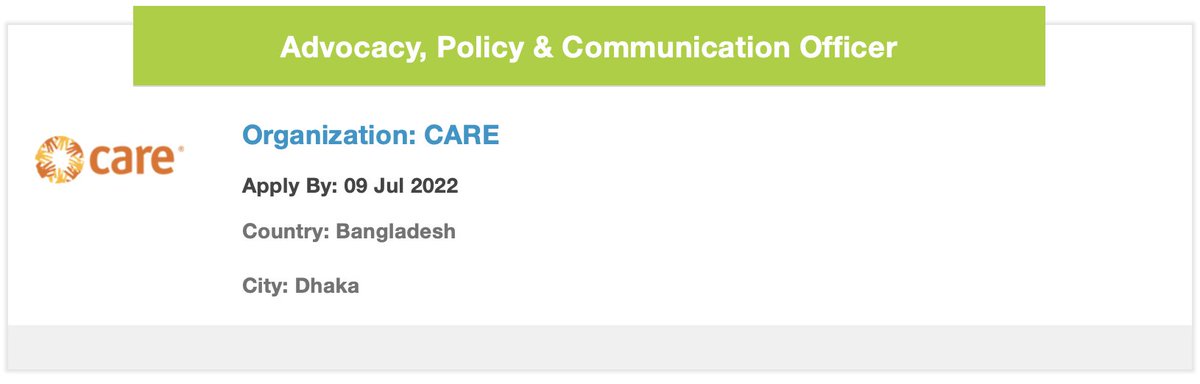 #jobopening
CARE is calling for applications for the post of Advocacy, Policy &amp; Communication Officer. Applicants must have 3 years of experience in designing and conducting capacity building interventions.
Deadline- 09 July 2022
Apply: bit.ly/3yMY9Gx

#communications
