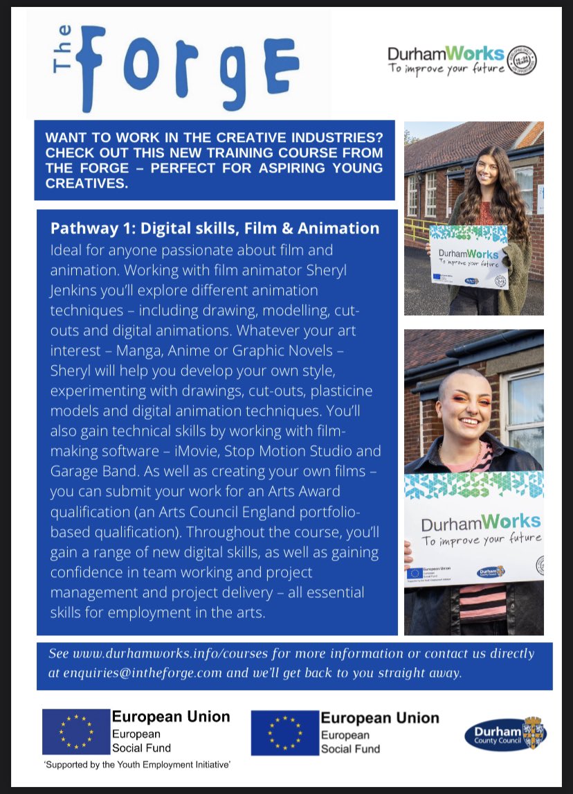 There are some brilliant opportunities out there for young people. If you know someone wanting to work in the #creative industries, this is perfect! The wonderful people <a href="/TheForgeUK/">The Forge</a>  and @WorksDurham are offering new training courses for aspiring creatives! #creativejobs #Job