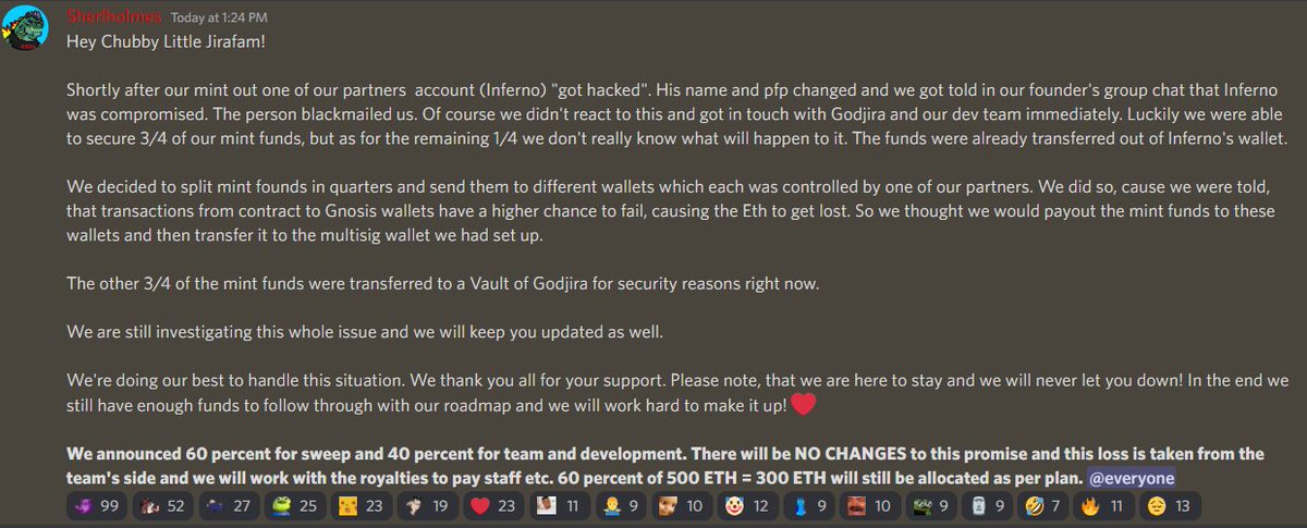PGgroup_'s tweet photo. First of all Big Congrats to @ChubbyJiras for a successful mint. Unfortunately one of their partners got hacked and lost ¼ their funds. We know how hard you worked for this @JabaNFT @Sherlholmes_NFT Just to let you know #Jirafam is here to support you❤️Stay strong @ChubbyJiras💪 https://t.co/EFKXMDOaa3