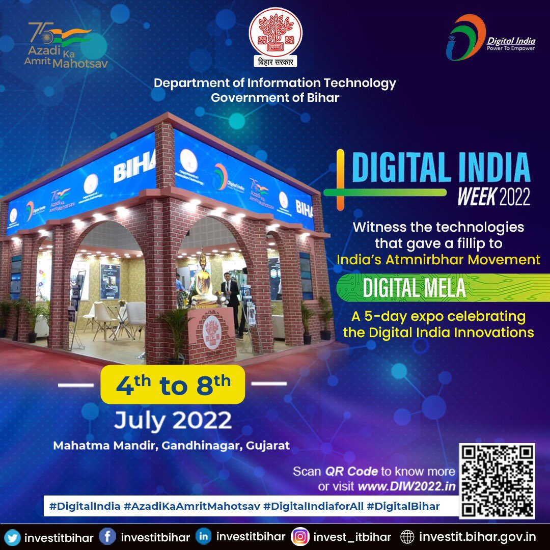 The grand celebration of India's might in digital space in the form of #DigitalIndia Week 2022 is strengthened by #Bihar Govt's achievements being showcased by the state's DIT. Visit Us at Bihar Pavilion 📍Mahatma Mandir, Gandhinagar, Gujarat