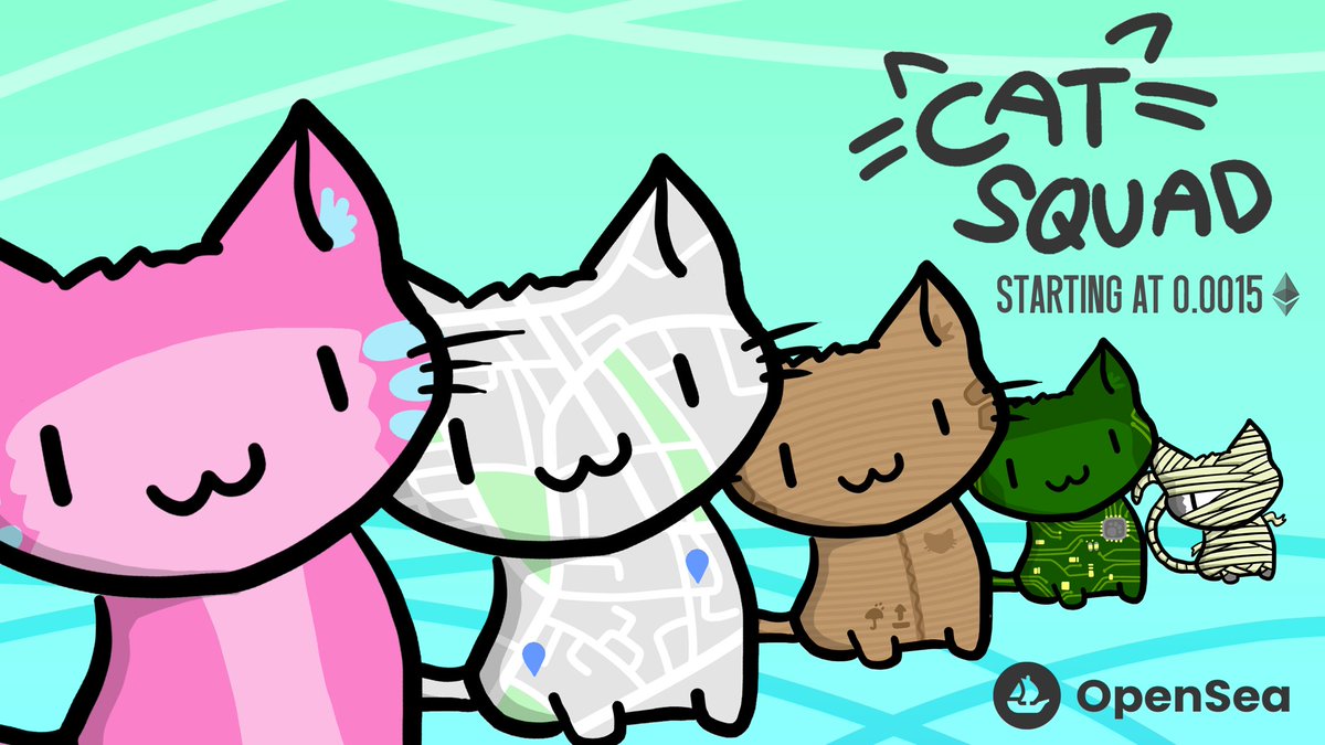 CatSquadNFT 😻😻😻
Collectible Cats!

Starting at only 0.0015 ETH ! (few left at floor price)
15 / 107 Cats left unsold! 

Get your lovely companion today! ❤️
opensea.io/collection/cat…

#NFT #NFTs #NFTCommunity #NFTartists #NFTdrops #OpenSeaNFT #NFTProject #cryptoartist #NFTdrop
