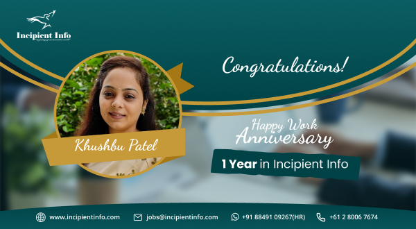 IncipientInfo's tweet photo. Happy Work #Anniversary, Khushbu Patel. Today we celebrate the day you joined us and ever since you have contributed heavily towards the company’s #success.
#happyworkanniversary #workanniversary #lifeatIncipient #balanceforall #dedicatedtoinnovation #teamwork #dedication https://t.co/VuI8Bx6MoD