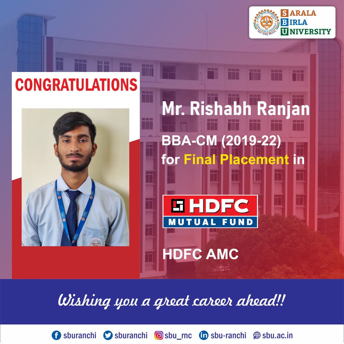 sburanchi's tweet photo. Congratulations to Mr. Rishabh Ranjan of BBA-CM 2019-22 Batch for his Final Placement in HDFC AMC.
#sbu #sburanchi #campusplacement #finalplacement #bbacmplacement #bbacm #hdfcamc https://t.co/XdDQhIpYZR