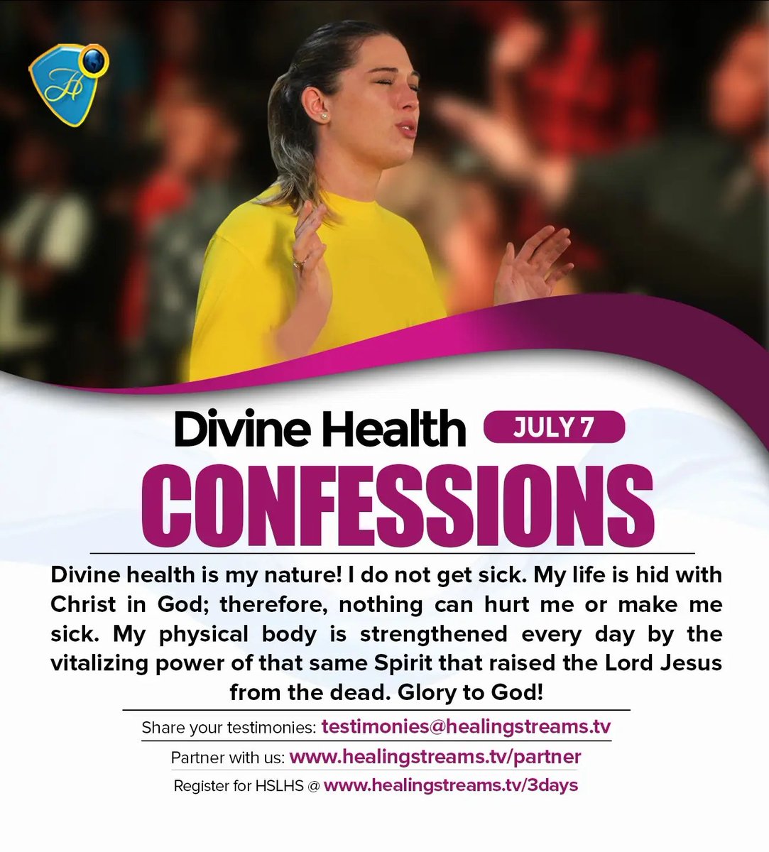 HSTV_'s tweet photo. Divine health is my nature! I do not get sick.
Hallelujah!
Listen to our podcast on https://t.co/WzxMuGm65J
#HealingStreamsTV
#DailyHealthConfession
#ChristJesus
#PastorChris
#HSLHS https://t.co/j72H5m4gL5