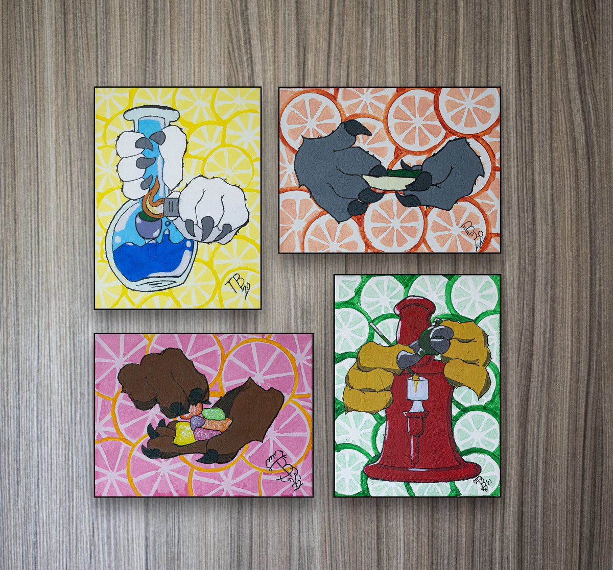 TokieBears's tweet photo. Just a few steps away from finishing up both my first art collection AND my first website! I wonder if I should make my first #NFT Project around this set....
#TokieBears #citrus #acrylicpainting #cannabis #limeog #Grapefruitkush #Agentorange #lemonhaze #seattle #bear #grrr https://t.co/7uCbvpPqe8