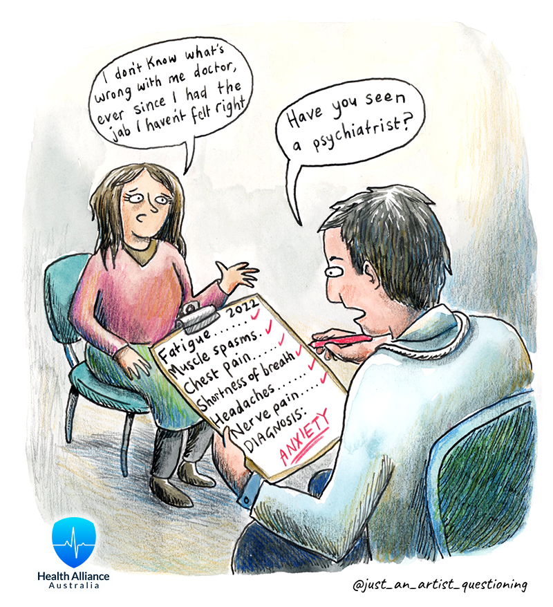 I've lost count of the amount of stories I've heard where people have all kinds of symptoms post-jab and doctors label it as anxiety. Gaslighting at its finest. Cartoon created in collaboration with healthallianceaustralia.org please check them out!