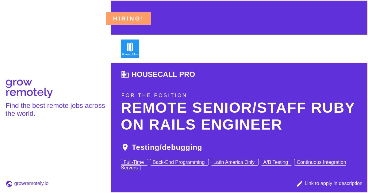 growremotelyio's tweet photo. Check out this job at Housecall Pro for the position Remote Senior/Staff Ruby on Rails Engineer.
Apply link: https://t.co/90cTo7UdbJ
#hiring #remotejobs #HousecallPro #Programming https://t.co/mpvuX7mahM