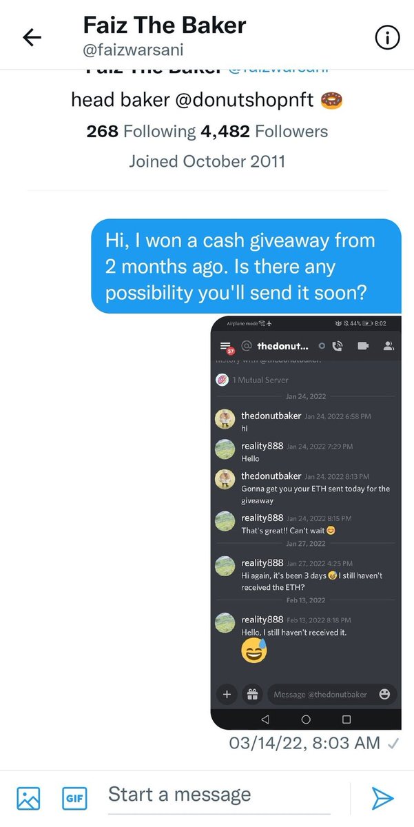 lawnft888's tweet photo. @faizwarsani Can you check your dms? I sent my eth address for the $250 giveaway I won in January. https://t.co/hOwl2c5fwp