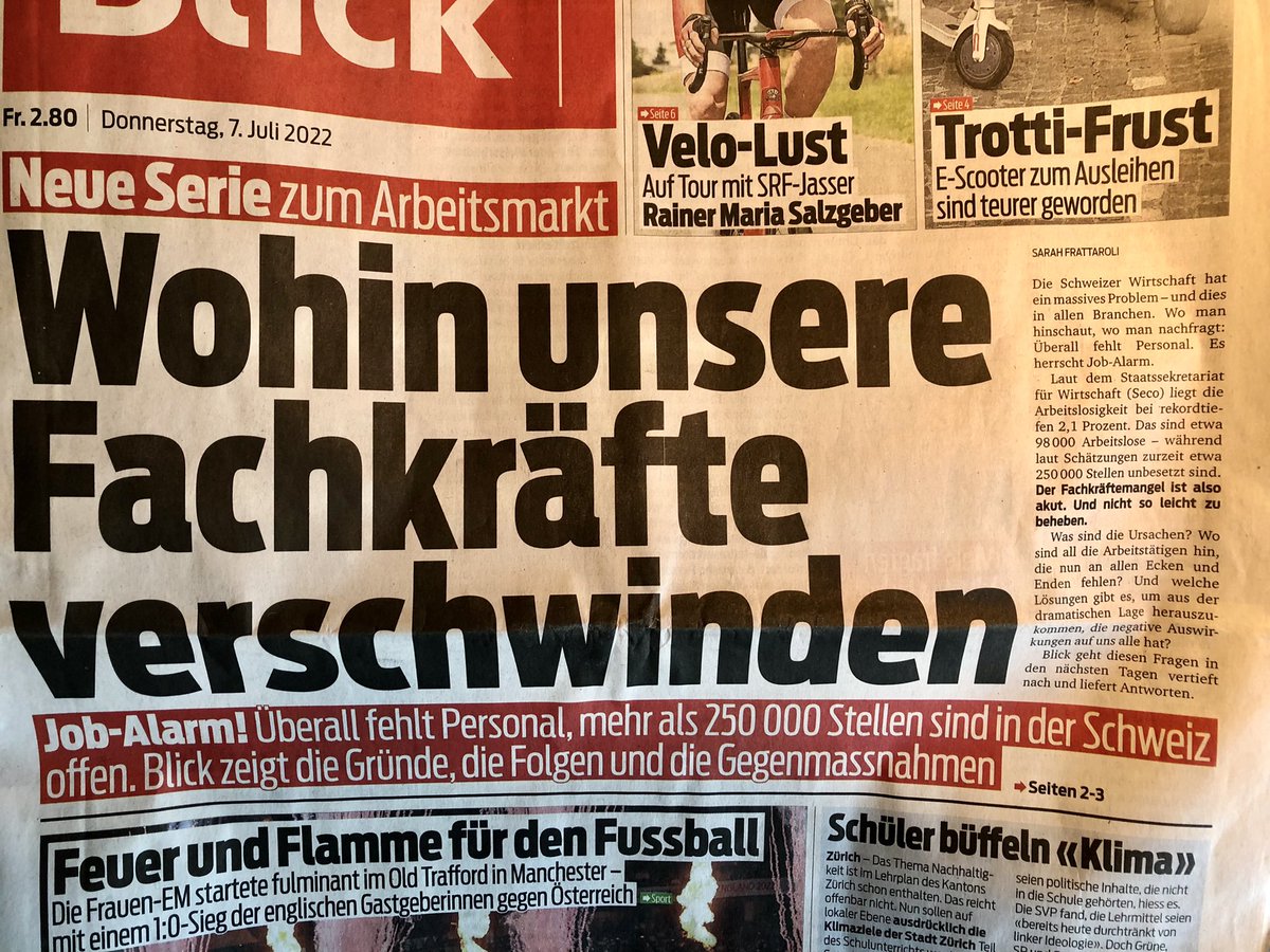 Wo all die Arbeitstätigen hin sind, ergründet meine Kollegin <a href="/FrattaroliSarah/">Sarah Frattaroli</a> in der neuen Serie auf blick.ch und im Blick. Blick TV widmet heute den Mittagsfokus diesem Thema. #Jobalarm #Fachkräftemangel <a href="/arbeitgeber_ch/">Arbeitgeberverband</a> <a href="/TravailsuisseCH/">Travail.Suisse</a> <a href="/Blickch/">Blick</a>
