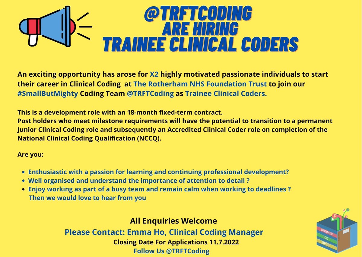 TRFT Clinical Coding Team (@trftcoding) on Twitter photo We are looking to recruit x2 Trainee Clinical Coders. All Enquiries Welcome βοΈπ§π² <a href="/RotherhamNHS_FT/">The Rotherham NHS FT</a> <a href="/RotherhamNHS_HI/">HealthInformaticsRFT π</a> <a href="/LSimpsonCoding/">LisaSimpsonCoding</a> <a href="/LaurenSaxCoding/">LaurenSaxtonCoding</a> beta.jobs.nhs.uk/candidate/jobaβ¦ We are looking to recruit x2 Trainee Clinical Coders. All Enquiries Welcome βοΈπ§π² <a href="/RotherhamNHS_FT/">The Rotherham NHS FT</a> <a href="/RotherhamNHS_HI/">HealthInformaticsRFT π</a> <a href="/LSimpsonCoding/">LisaSimpsonCoding</a> <a href="/LaurenSaxCoding/">LaurenSaxtonCoding</a> beta.jobs.nhs.uk/candidate/jobaβ¦