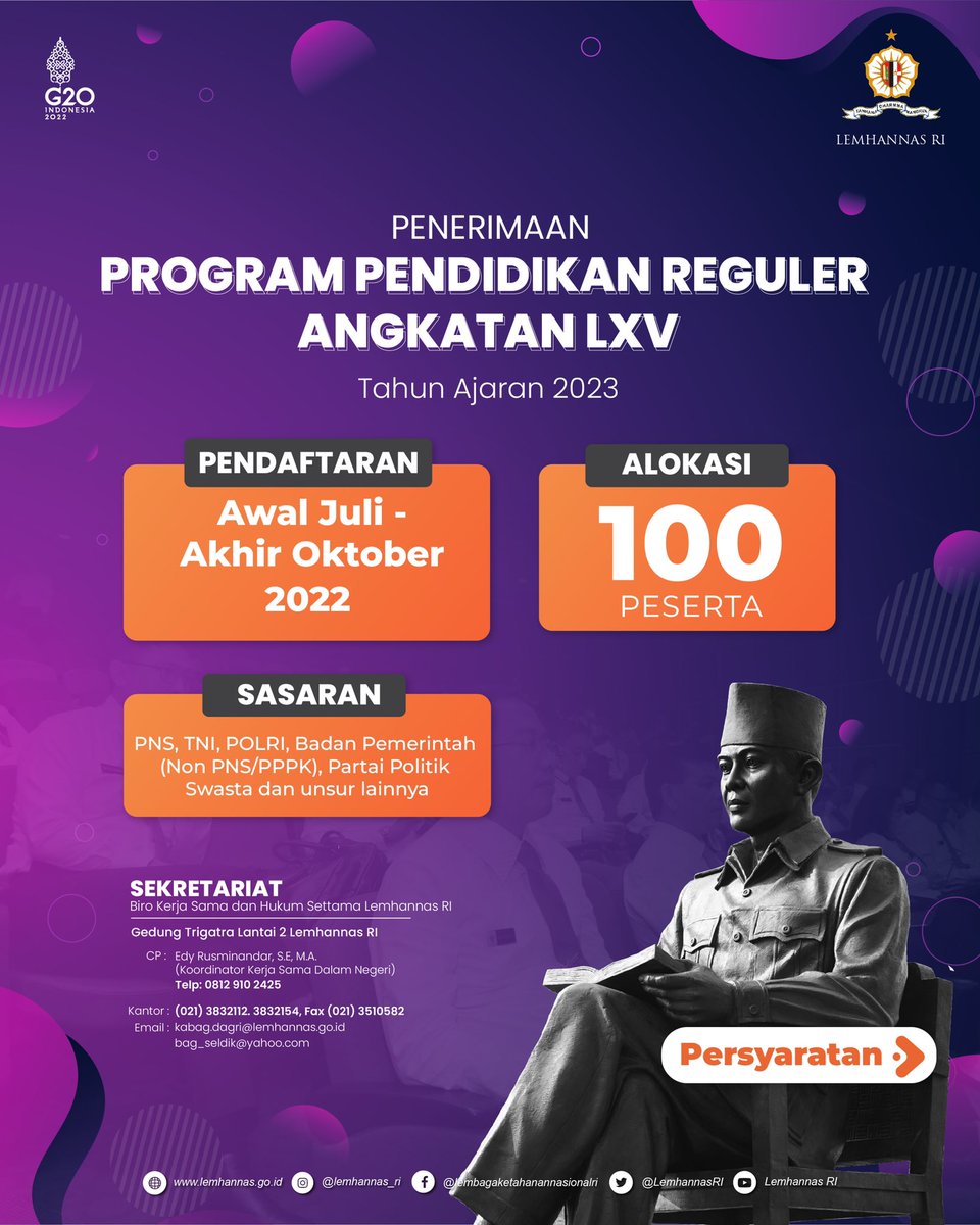 LemhannasRI's tweet photo. Sahabat Tannas, pendaftaran calon peserta Program Pendidikan Reguler Angkatan LXV (PPRA 65) Tahun Ajaran 2023 telah dibuka. Simak informasi pada infografis berikut!

#PPRA65
#LemhannasRI https://t.co/TLDJvDhVWx