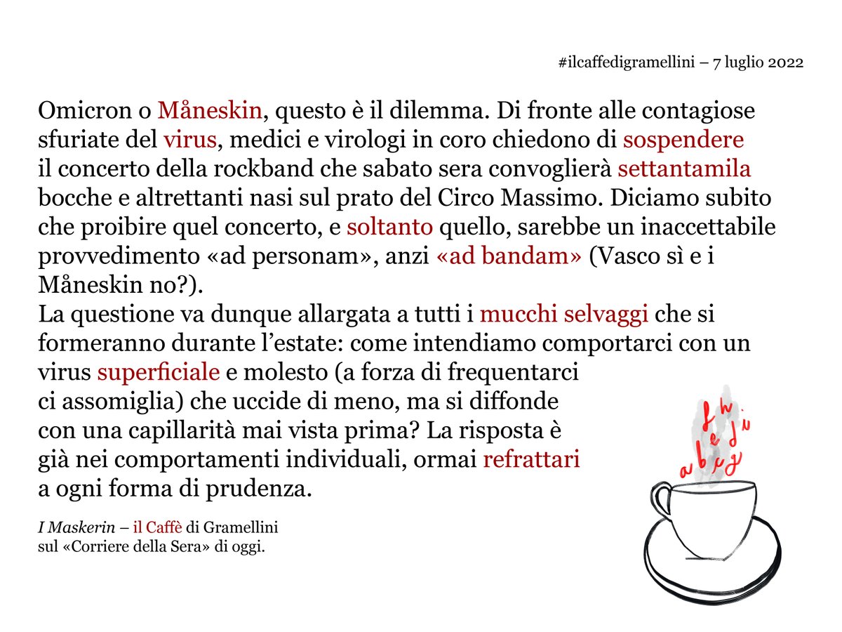 MaxGramel's tweet photo. «I Maskerin»: #ilcaffedigramellini sul @Corriere di #giovedì #7luglio.

https://t.co/OQ95FNE4i7 https://t.co/QIpPxw2WPn