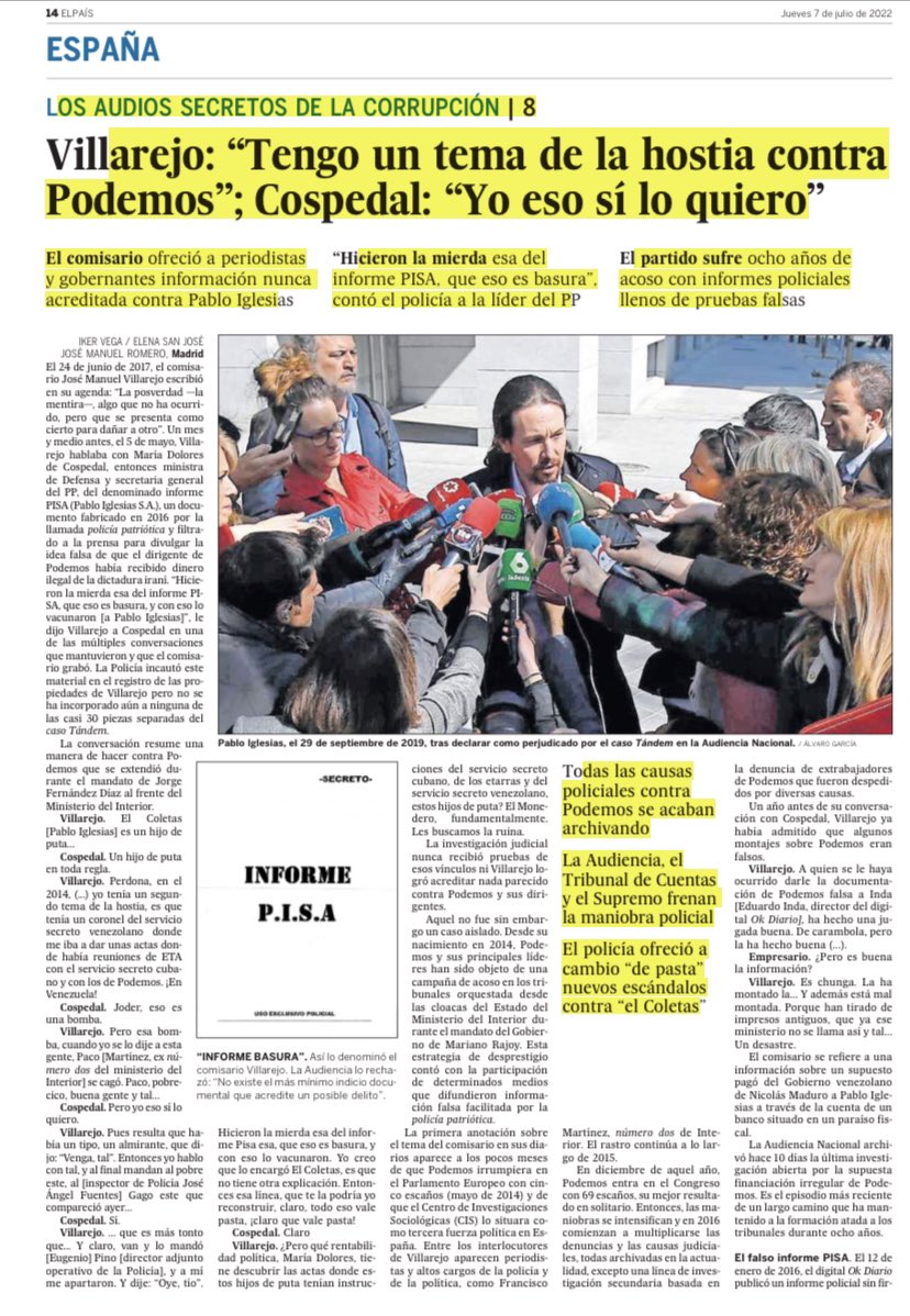 PabloIglesias's tweet photo. España es una democracia plena. No existen las cloacas del Estado. No hay cloacas mediáticas. El PP no es un partido de delincuentes. Podemos es ETA… y Venezuela y Cuba...Y yo, como dicen Cospedal y Villarejo, soy un hijo de puta que además señalo a “periodistas” https://t.co/srNYU5a1jr