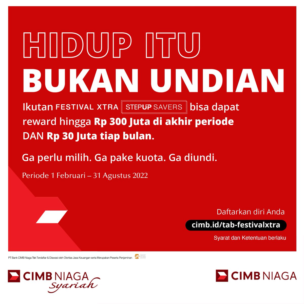 Mau dapat reward tabungan hingga Rp 30 Juta tiap bulan? Ikut sarannya Sandra Dewi deh, dengan ikutan Festival Xtra CIMB Niaga periode 1 Maret-31 Agustus 2022

Setiap nasabah CIMB Niaga berkesempatan mendapatkan hingga Rp 300 Juta di akhir periode

Info S&amp;K cimb.id/tab-festivalxt…