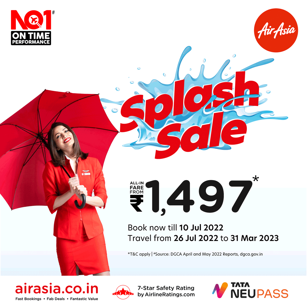 AirIndiaX's tweet photo. It's pouring offers on https://t.co/4gF7kebVg3. Dive in to your travel plans this monsoon with AirAsia India's #SplashSale fares starting from ₹1497! Book now till 10 July for travel from 26 July 2022 till 31 March 2023. #Hi5Performance #FlySafeWithAirAsia https://t.co/8MoevhO2Yf