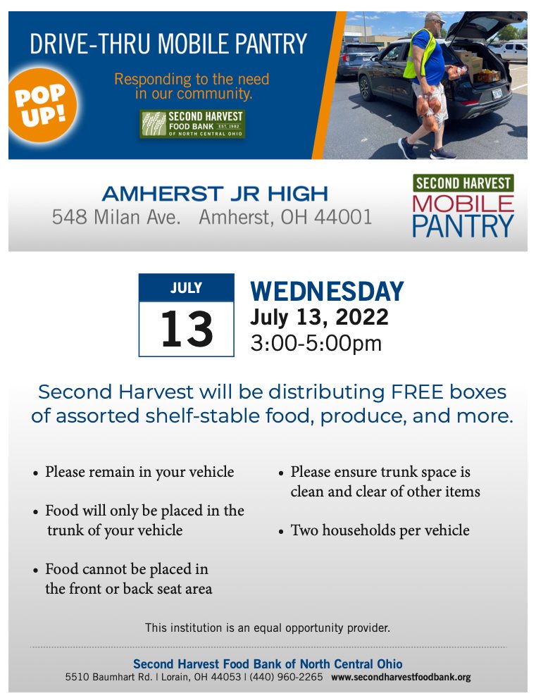 Sarah Walker (@asstcometsuper) on Twitter photo We are grateful for the partnership and work we have w <a href="/SecondHarvestOH/">Second Harvest NC OH</a>. Thank you for all you do for our community!
Amherst Drive-thru Mobile Pantry will be next Wed. from 3-5p. Enter the lot through Milan Ave.
<a href="/StevenASayers/">Steve Sayers</a> <a href="/TheCometSuper/">Michael Molnar</a> <a href="/AEVSDSocialWork/">Amherst Social Work</a> <a href="/Comet_Connect/">Comet Community Relations</a> We are grateful for the partnership and work we have w <a href="/SecondHarvestOH/">Second Harvest NC OH</a>. Thank you for all you do for our community!
Amherst Drive-thru Mobile Pantry will be next Wed. from 3-5p. Enter the lot through Milan Ave.
<a href="/StevenASayers/">Steve Sayers</a> <a href="/TheCometSuper/">Michael Molnar</a> <a href="/AEVSDSocialWork/">Amherst Social Work</a> <a href="/Comet_Connect/">Comet Community Relations</a>
