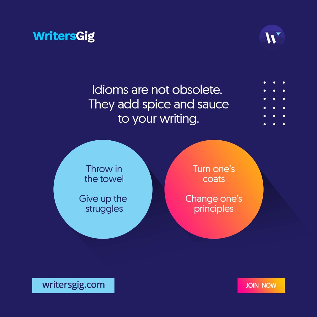 WritersGig's tweet photo. Idioms seem to be taking the backseat in today’s writing. This shouldn’t be.

Idioms are not obsolete. They still add spice to your writing when used🥳����

What idiom do you often use? Share with us.

#writersgig #idioms #englishvocabulary #breakingnews  #trending https://t.co/2BDVbMOSlI