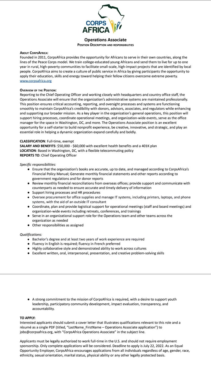 ahmedmbaye7's tweet image. CorpsAfrica recrute ! Nous recherchons un(e) associé(e) aux opérations pour jouer un rôle clé dans les opérations générales de l&apos;organisation.

Vous connaissez quelqu&apos;un qui pourrait être intéressé ?

La date limite pour postuler est le dimanche 24 juillet 2022.

#ImpactCareers