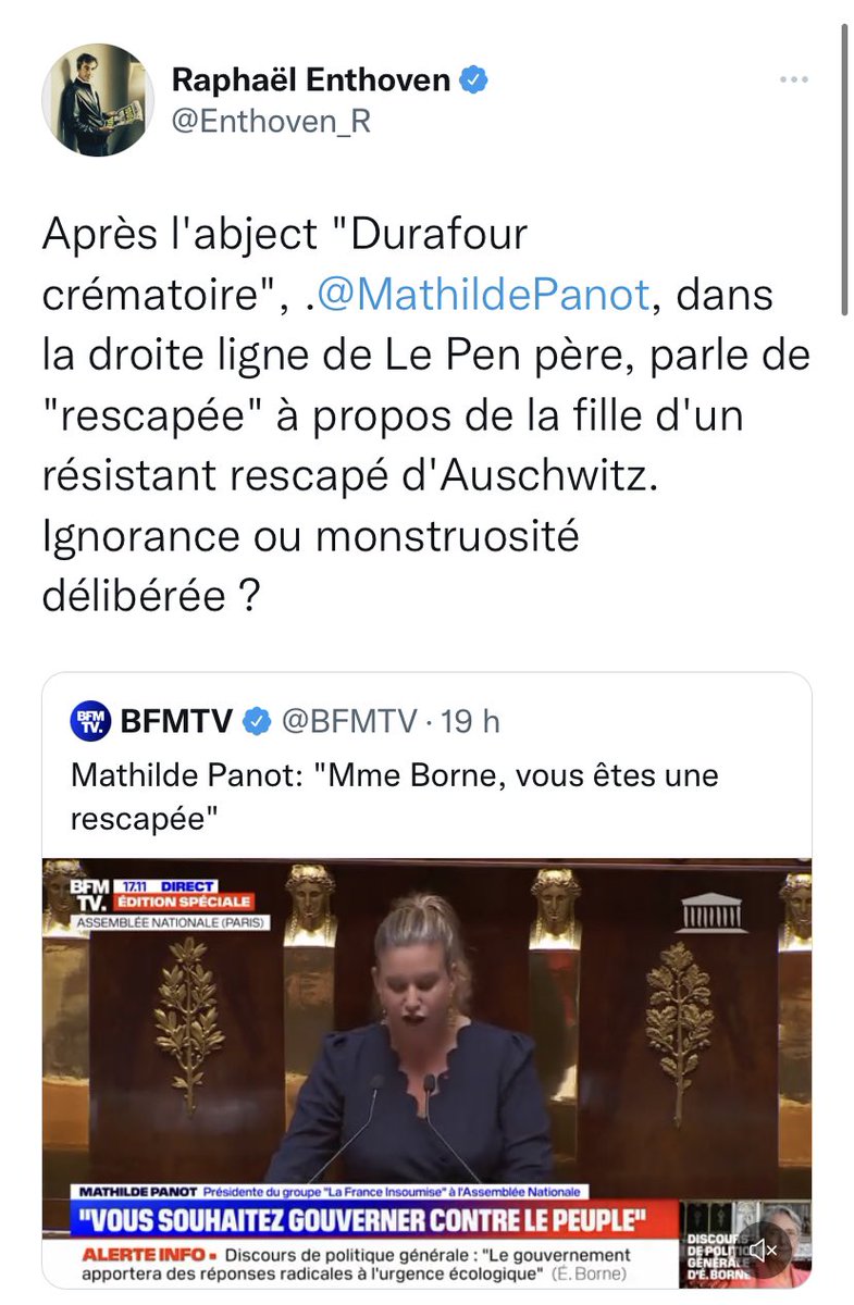 jmAlric11's tweet photo. Je préviens j’ai apprécié le discours de #Borne et #Panot n’est pas ma tasse de thé mais ceux qui lui font un procès en antisemitisme pour l’utilisation de #rescapee n’ont soit pas écouté son intervention soit sont profondément malhonnêtes 😡 https://t.co/CIF9QmozuW