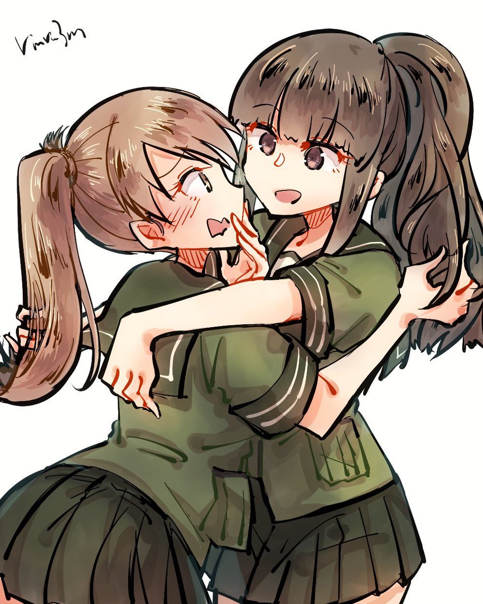 kitakami (kancolle) ,ooi (kancolle) multiple girls 2girls ponytail brown hair long hair school uniform skirt  illustration images