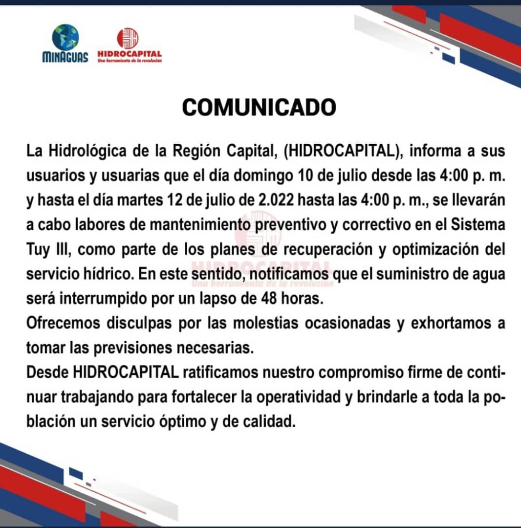 FaroComunitario's tweet photo. #7julio #FaroInforma
#Atención Aviso importante emitido por @HidroCapital2
Tomen sus previsiones. https://t.co/OAbSpucdgh