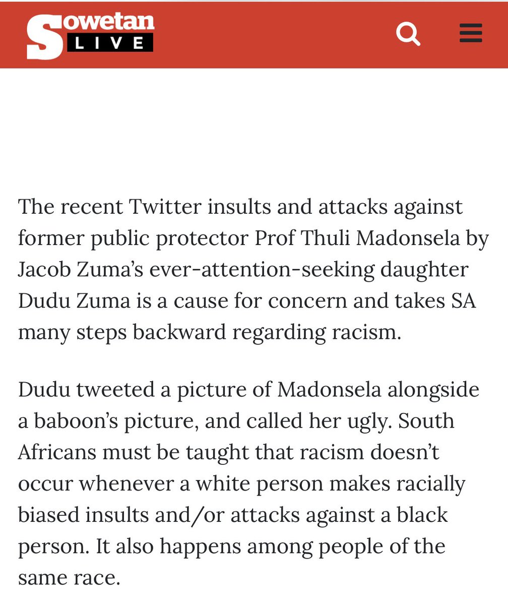 Tzoro1's tweet photo. My #RSA peeps, I am catching this rather late, but feel that all of us must address these #cancerous #Zumas - this #DuduzileZuma has to be brought to account for insulting @ThuliMadonsela3 & we must all also lobby @Twitter @premiumbusiness to remove her for #bigotted behaviour!! https://t.co/j91HSHrXqy