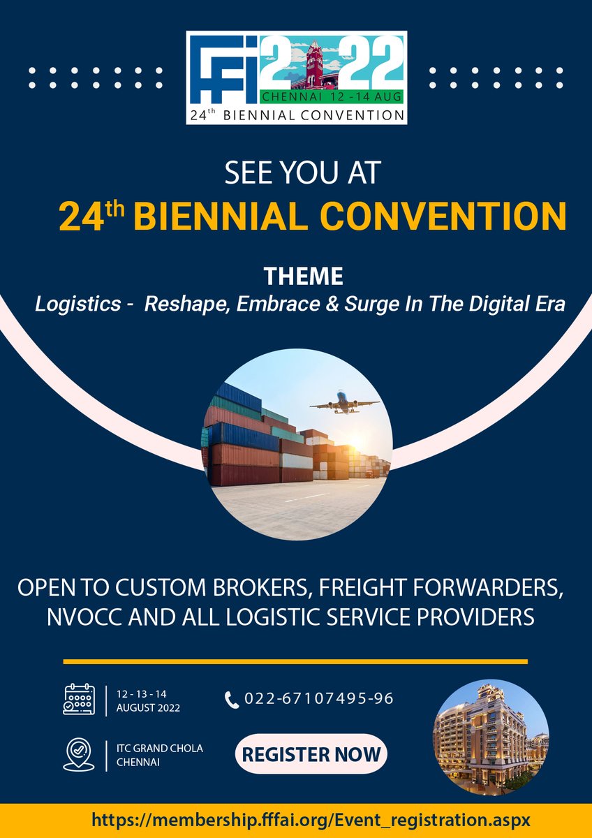 FFFAI_INDIA's tweet photo. See you at 24th Biennial Convention.
Open to Custom Brokers, Freight Forwarders, NVOCC and all Logistics Service Providers.
Register now at: https://t.co/H4RPW42B0b
#fffai #freightforwarding #fffaiconvention #nvocc #registernow #savethedate #custombroker #lsps https://t.co/fRsRBaCwd9