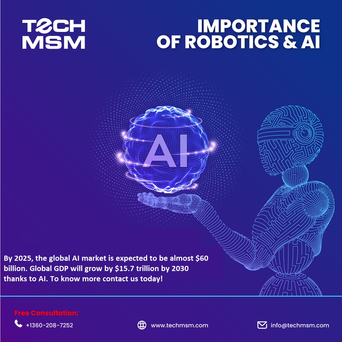 TechMSM1's tweet image. By 2025, the global AI market is expected to be almost $60 billion. Global GDP will grow by $15.7 trillion by 2030 thanks to AI. To know more contact us today!
#AI #techmsm #webdevelopment #mobileappdevelopment #appdevelopment #digitalmarketing