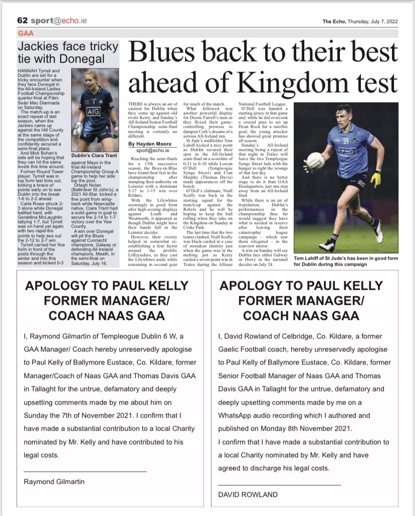 tomasdaibhis's tweet photo. The club is delighted that two of the parties who were directly involved in circulating the incorrect what’s app messages/voice notes  about our member and former senior football manager, Paul Kelly, have agreed to publish the attached apologies to Paul in this weeks newspapers. https://t.co/zGWJhvANsX