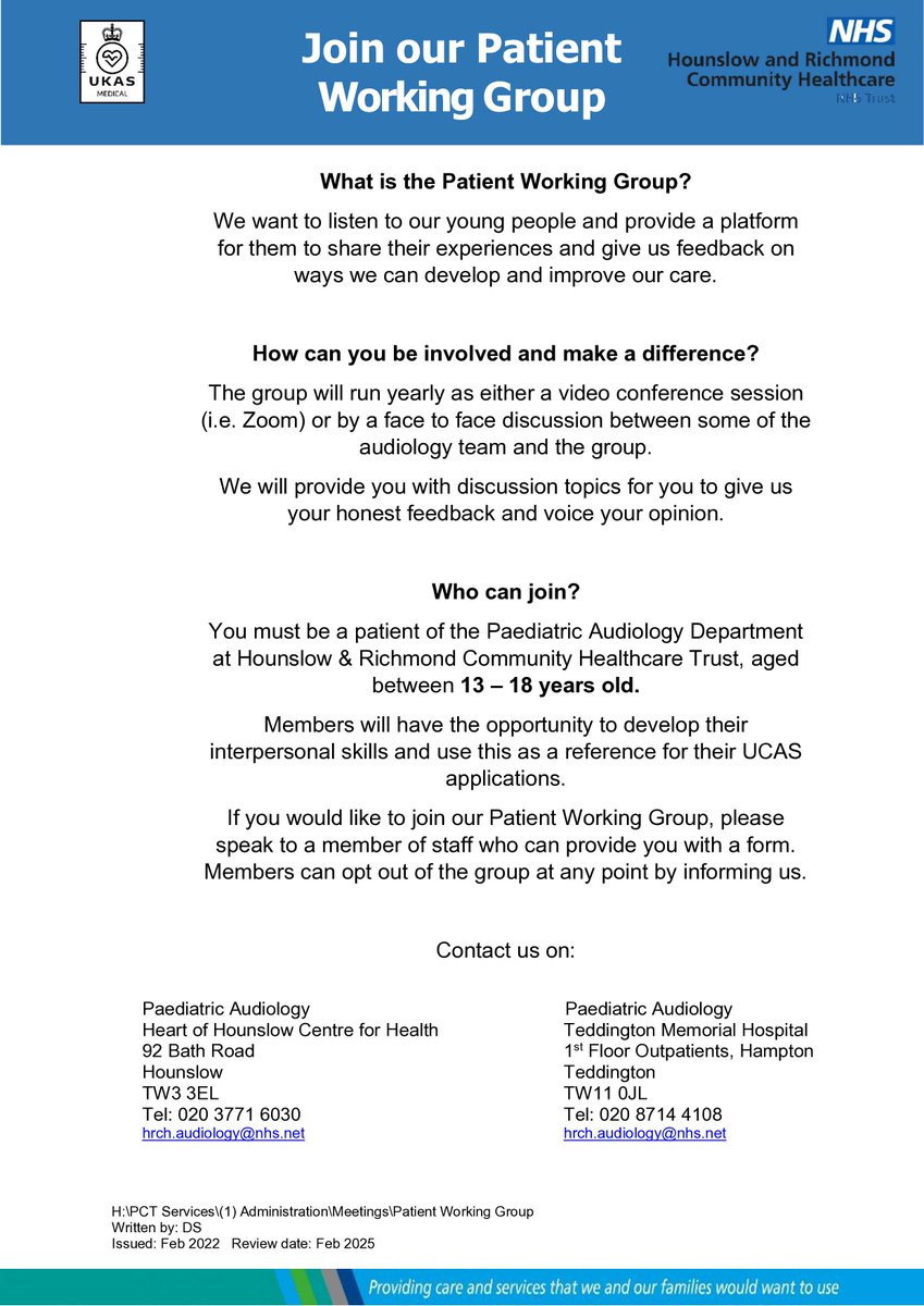 Come join our Audiology Patient Working Group! Details can be found below...! #HRCHhearing
