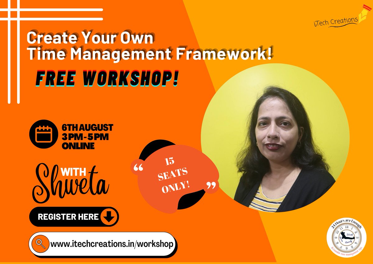 i_m_shweta's tweet photo. I am hosting a free workshop on Creating your own time management framework, on 6th August. 
At the end of the 2-hour workshop you will have the tools necessary to start managing your time well.
Register for the workshop here:
https://t.co/MQC59XRHYV

#timemanagement #workshop https://t.co/jfhcvYtgl4