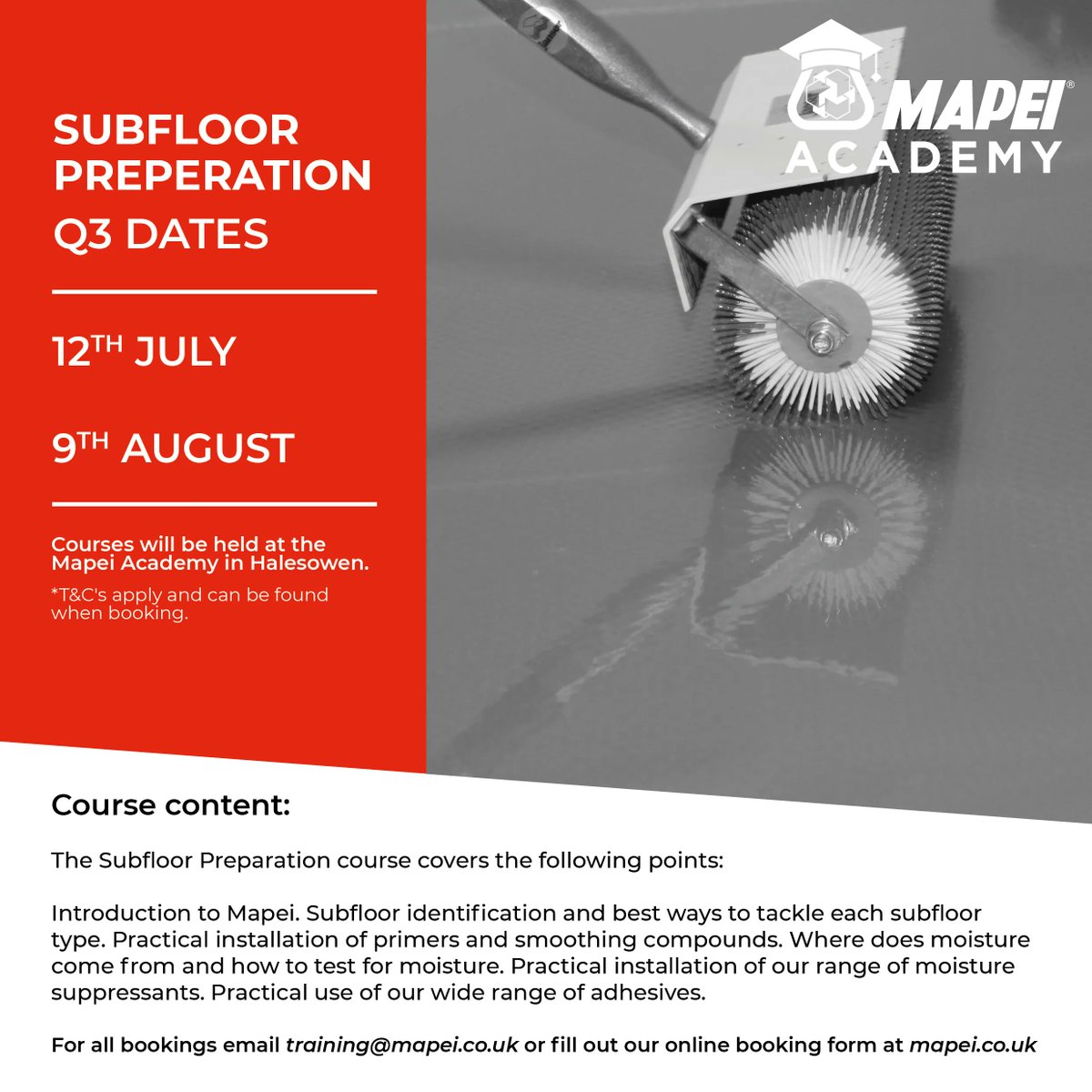MapeiUKLtd's tweet photo. Join Neal for our Substrate Preparation training days at the Mapei Academy in Halesowen. Our practical courses are free to attend, lunch &amp; refreshments will also be provided. https://t.co/YjC5AeHO0M 

#Mapei #training #flooring #smoothing #substrate #preparation https://t.co/63ninvHEE5