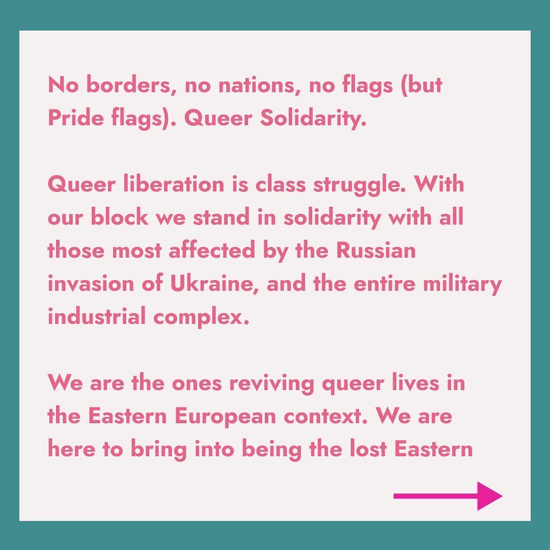 iqpberlin's tweet photo. The Slava Block organised by @CoLiberationBLN and friends. We are here to reinvent and celebrate Eastern-European Queerness. Without border divisions and neocolonial ideas of what queer means to us. No war (but class war). #iqpb2022 #b2307 #Berlin #iqpb #queer https://t.co/JeEvmjyxIV