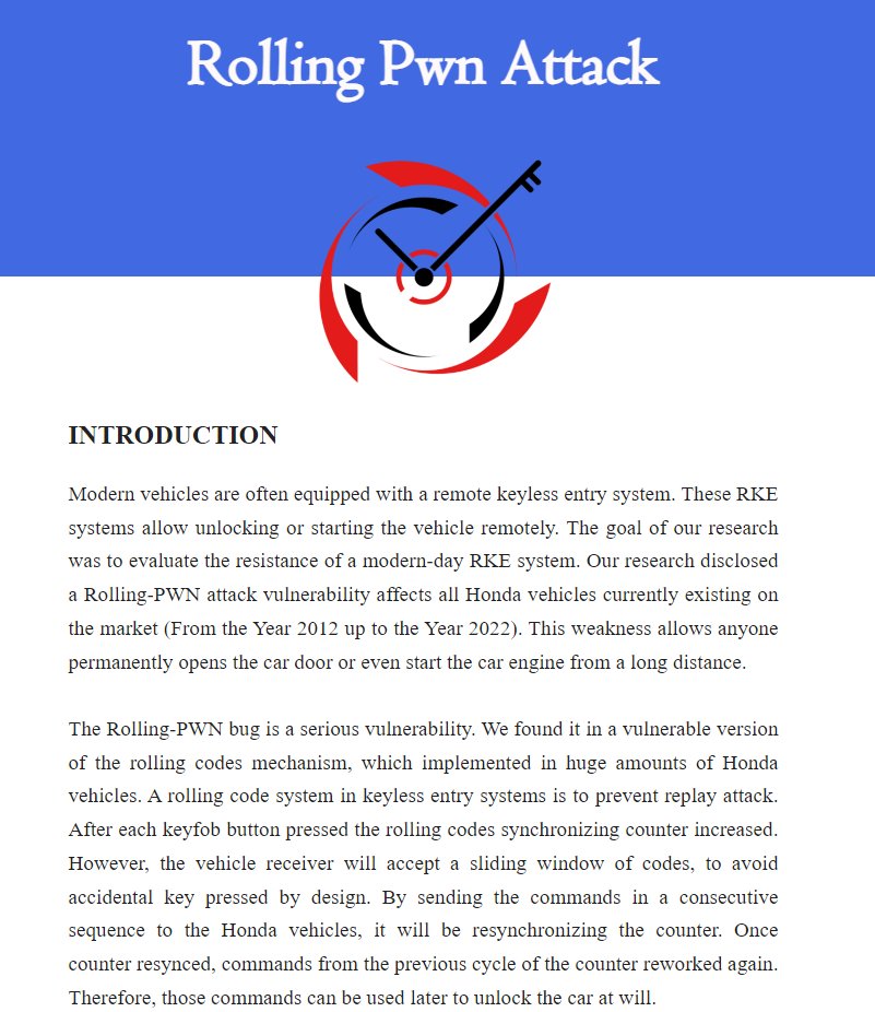 Ladies and gentlemen, it is my honor to presenting you the Rolling-Pwn attack research on Honda Keyfob system. (rollingpwn.github.io/rolling-pwn/)