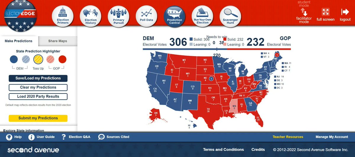 Wish you could show your students the impact of different factors on voting outcomes? Look no further! Election Edge's prediction central allows you and your students to experiment with possible election outcomes in real time. Take civics education to a new level! #civictech