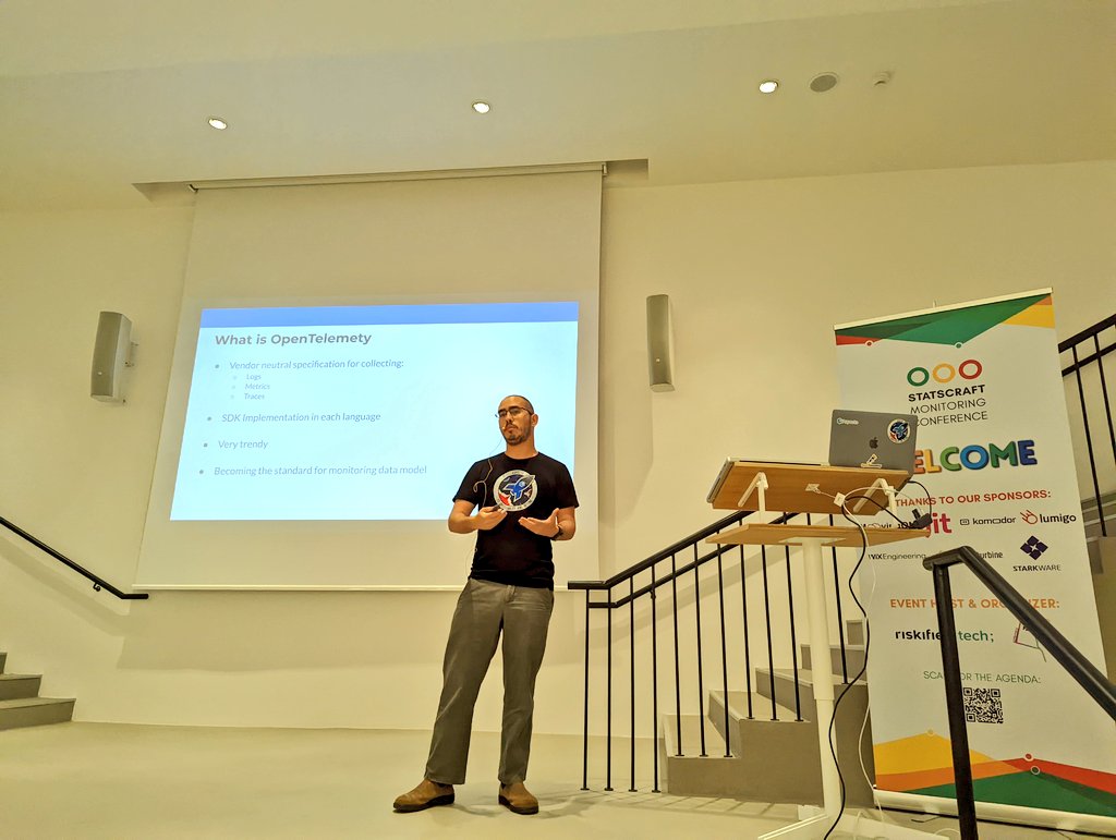 statscraft's tweet photo. Kicking off ⚡ lightning talks - the man and the legend @hab_mic talking about trace-based testing in #OpenTelemetry 

#statscraft #tlvcommunity https://t.co/q0mOGIdHnc