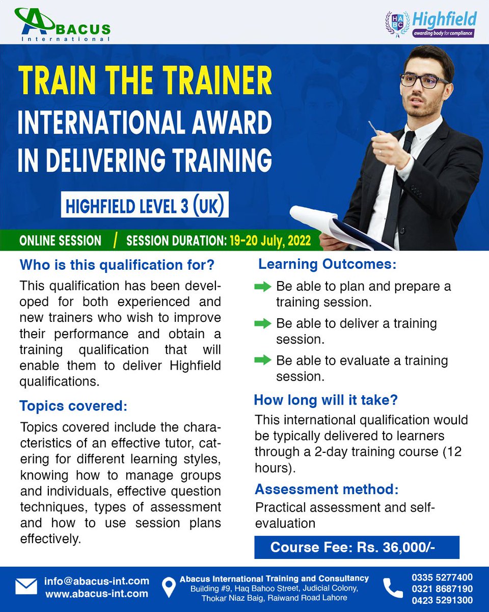 abacus_hse's tweet photo. HABC UK Level 3 Train the Trainer is just the right course for you.

Session Date 𝟭𝟵 𝗝𝘂𝗹𝘆 𝟮𝟬𝟮𝟮.

Register Now: https://t.co/PKLD6KKIJg

#Abacus #International #HSE #train #trainer #HABC #training #trainingcours #level3 #courses #course #courses2022 #online #highfields https://t.co/oNfEZb1Ii8