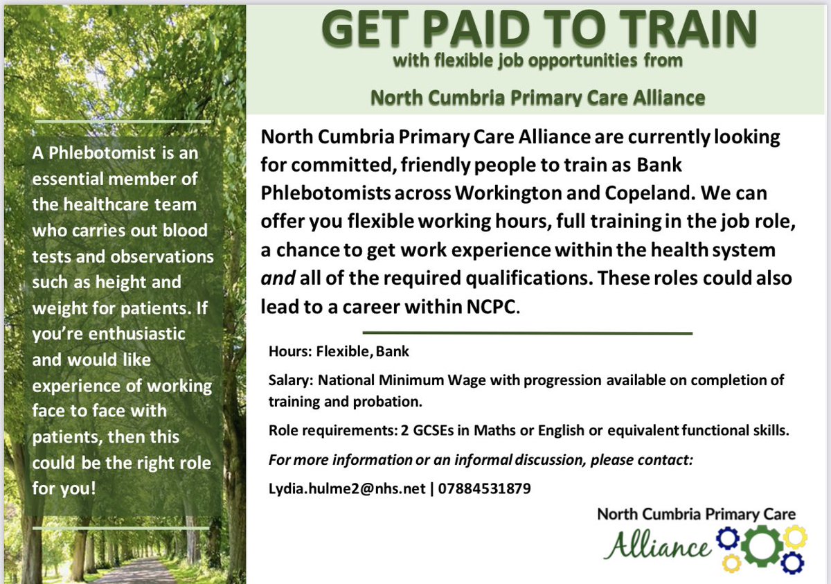 NCPCAlliance's tweet photo. We are currently recruiting Bank Phlebotomists. This is a great role for anyone looking for clinical work experience and training within GP surgeries, with the potential to move into a permanent role within the organisation. 

Apply: https://t.co/hPj9DWgwJS https://t.co/uoLKlAWho4