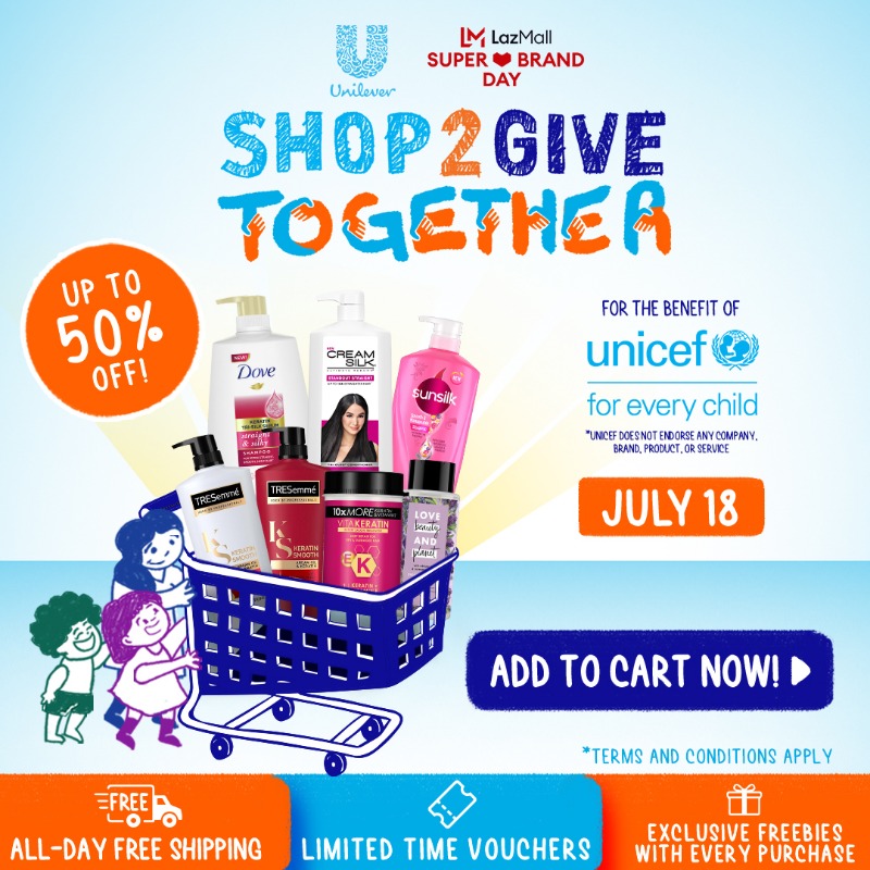 UnileverPhils's tweet photo. It's time to Shop2Give Together! Unilever together with Lazada invites you to its very special campaign that keeps on giving. Get exclusive DISCOUNTS up to 50% OFF, LIMITED VOUCHERS, FREE GIFTS, and ALL DAY FREE SHIPPING on your favorite Unilever brands. CHECK OUT ON JULY 18!