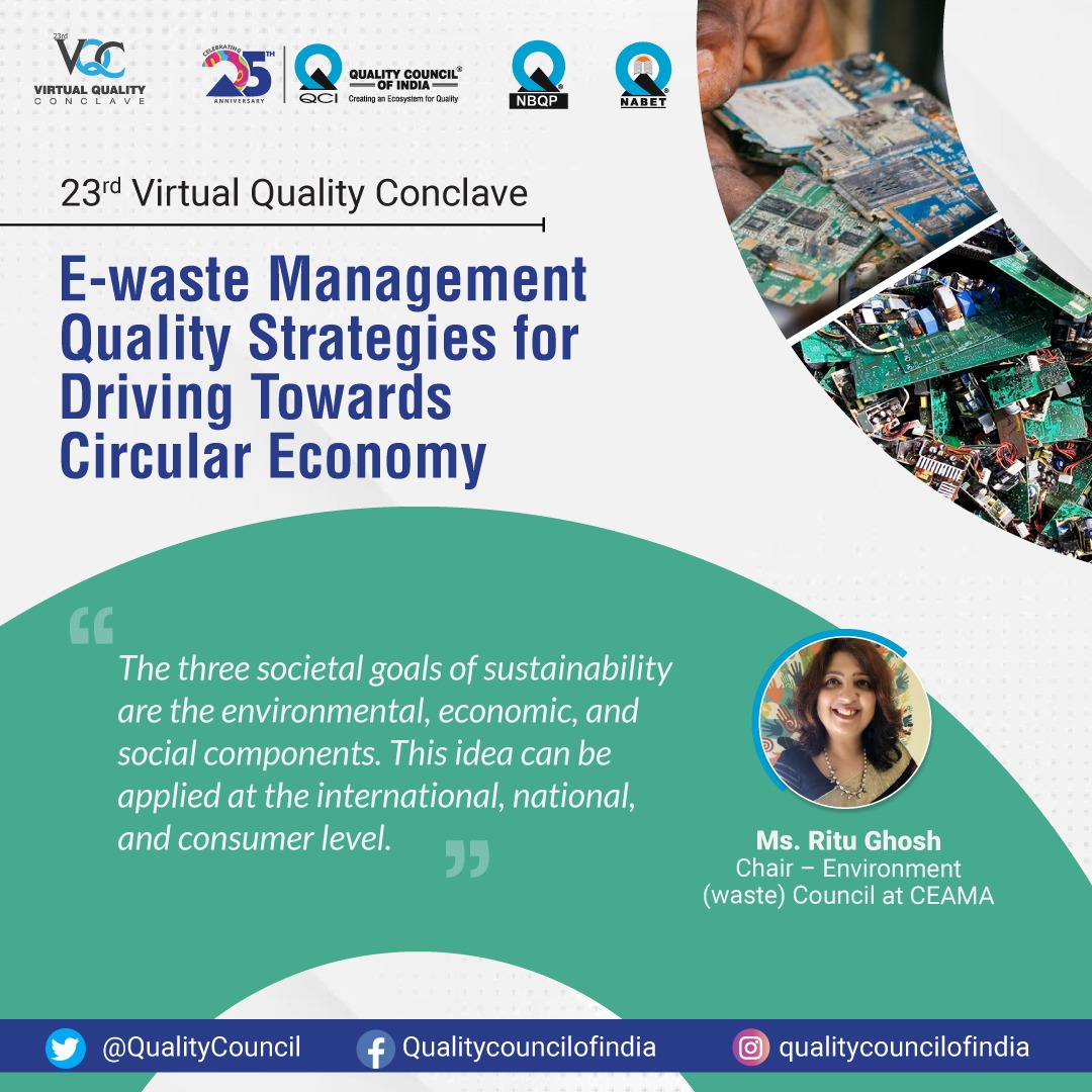 QualityCouncil's tweet photo. #VirtualQualityConclave
The three societal goals of sustainability are the environmental, economic & social components. This idea can be applied at the international, national & consumer level.-Ms. Ritu Ghosh, Chair – Environment Waste Council (CEAMA)
#Quality #VQC https://t.co/Hyop1B6Ehi