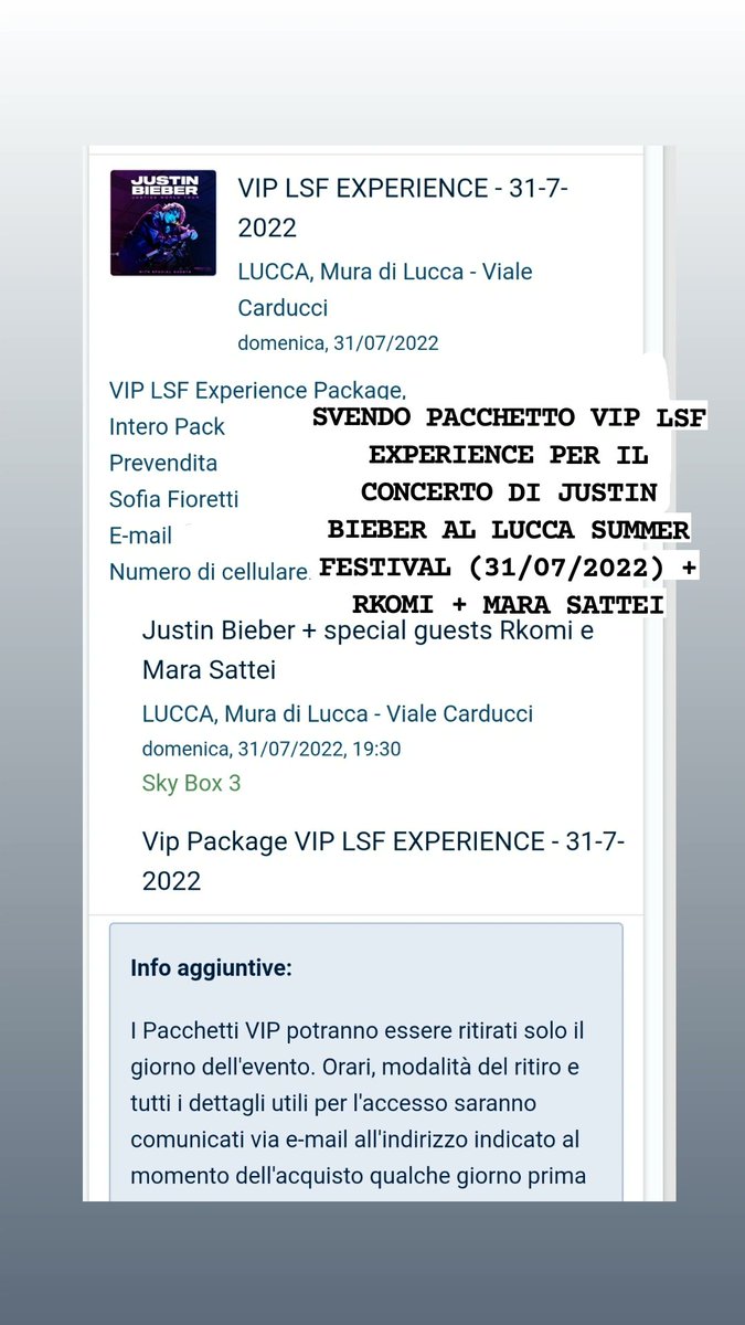 Sofia_Fioretti's tweet photo. SVENDO PACCHETTO VIP PER IL CONCERTO DI JUSTIN BIEBER AL LUCCA SUMMER FESTIVAL IL 31/07/2022 #cercobiglietto #vendobiglietti #vendobiglietto #JusticeWorldTour #JustinBieber #Beliebers https://t.co/xlElS5OQYH